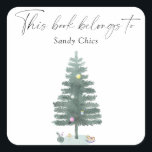 Christmas tree - this book belongs to square sticker<br><div class="desc">Winter christmas tree Baby shower party. Christmas tree evergreen. Watercolor pine tree. Gender neutral style. Matching items available.</div>