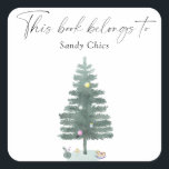 Christmas tree - this book belongs to square sticker<br><div class="desc">Winter christmas tree Baby shower party. Christmas tree evergreen. Watercolor pine tree. Gender neutral style. Matching items available.</div>