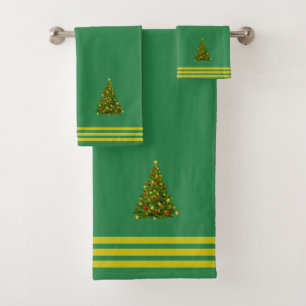 Christmas Tree, Three Stripes on Forest Green Bath Towel Set
