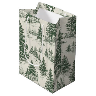 Christmas Tree Toile De Jouy Green Medium Gift Bag