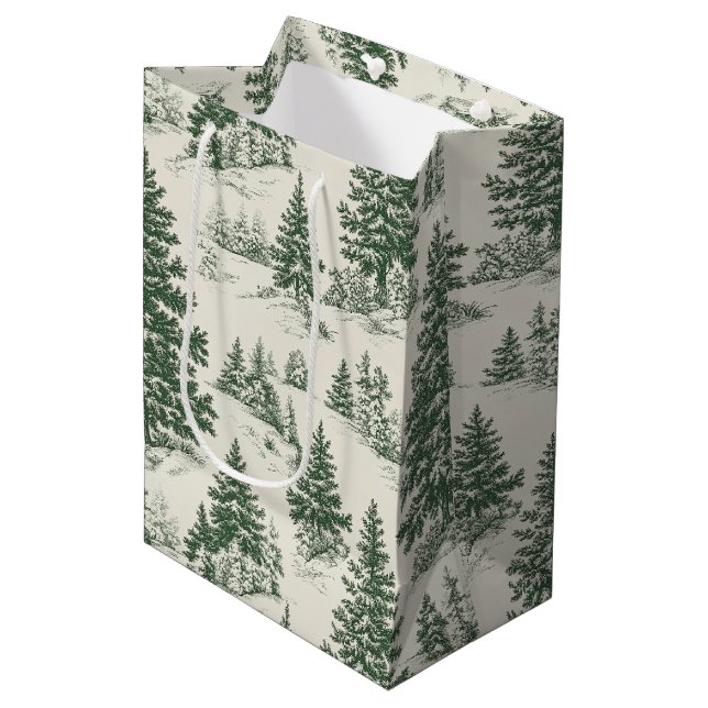 Christmas Tree  Toile  De Jouy Green Medium Gift Bag (Front Angled)