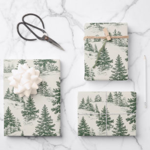Christmas Tree  Toile  De Jouy Green Wrapping Paper Sheet