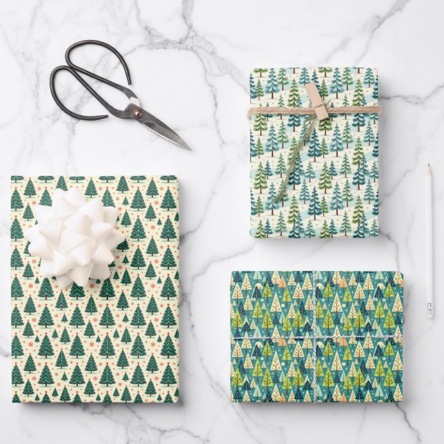 Christmas Tree Trio Wrapping Paper Sheet (Front)