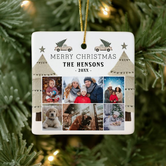 Christmas Tree Truck Family 6 Photo Collage  Ceramic Ornament (Tree)