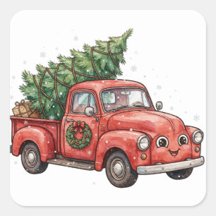 Christmas Tree Truck Vintage Red Sticker