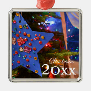 Christmas Tree Twinkling Lights Blue Star Holiday Metal Tree Decoration