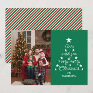 Christmas Tree Typography Family Photo Stars Green Holiday Card