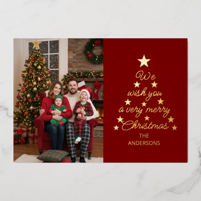 Christmas Tree Typography Gold Stars Family Photo  Foil Holiday Card (Front)