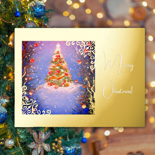 Christmas tree under the snow with gold foil holiday postcard