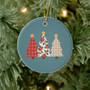 Christmas Tree Vintage Patchwork Red Plaid Holiday Ceramic Tree Decoration