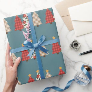 Christmas Tree Vintage Patchwork Red Plaid Holiday Wrapping Paper