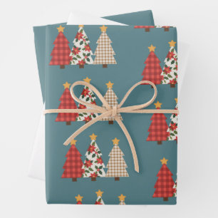 Christmas Tree Vintage Patchwork Red Plaid Holiday Wrapping Paper Sheet