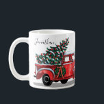 Christmas Tree Vintage Red Truck Monogram Name Coffee Mug<br><div class="desc">This holiday coffee mug features a red vintage pickup truck with a Christmas tree in the back. Personalise with a first name on the left and  your family name and year in the middle. Designed by world renowned artist ©Tim Coffey.</div>