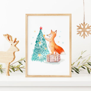 Christmas Tree Watercolor and Cute Fox Poster