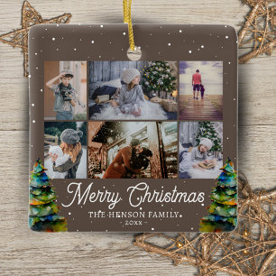 Christmas Tree Watercolor Family 6 Photo Collage Ceramic Ornament