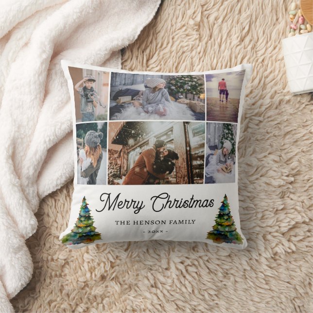 Christmas Tree Watercolor Family 6 Photo Collage Cushion (Blanket)