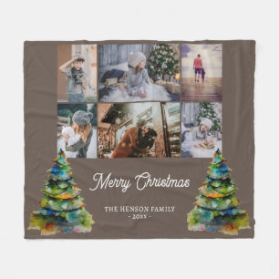 Christmas Tree Watercolor Family 6 Photo Collage Fleece Blanket