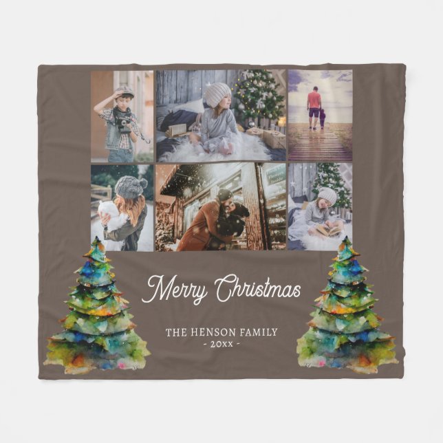 Christmas Tree Watercolor Family 6 Photo Collage Fleece Blanket (Front (Horizontal))