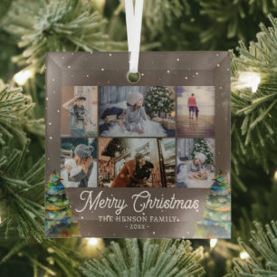 Christmas Tree Watercolor Family 6 Photo Collage Glass Tree Decoration