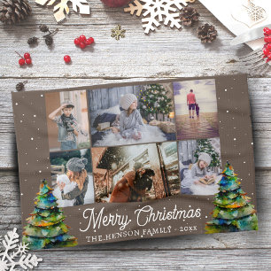 Christmas Tree Watercolor Family 6 Photo Collage Tea Towel