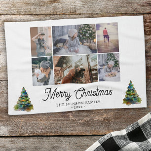 Christmas Tree Watercolor Family 6 Photo Collage  Tea Towel