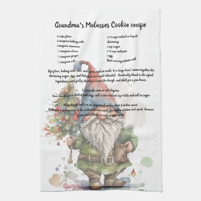 Christmas Tree Watercolor Gnome Recipe Tea Towel (Vertical)
