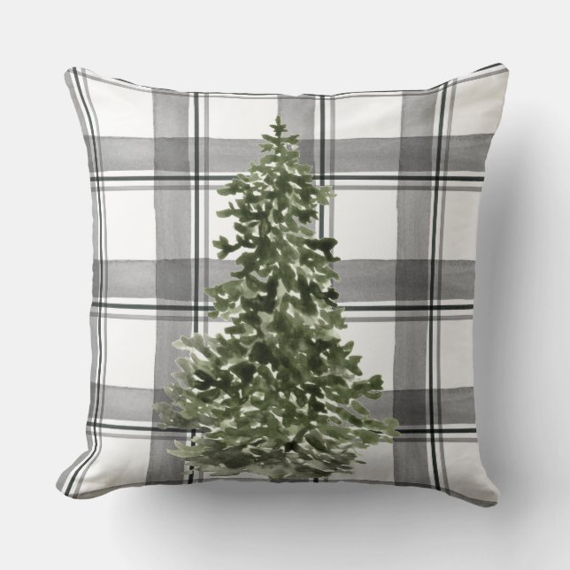 Christmas Tree Watercolor Grey Black Plaid Cushion (Front)