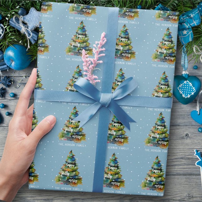 Christmas Tree Watercolor Merry Jolly Happy Blue  Wrapping Paper (Creator Uploaded)