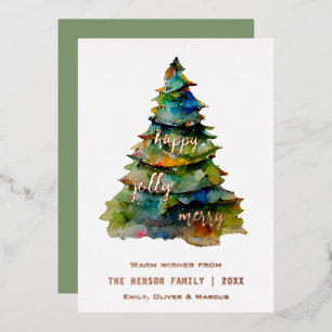 Christmas Tree Watercolor Merry Jolly Happy   Foil Holiday Card