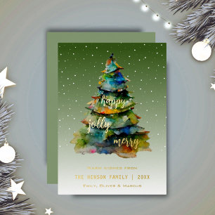 Christmas Tree Watercolor Merry Jolly Happy Foil Holiday Card