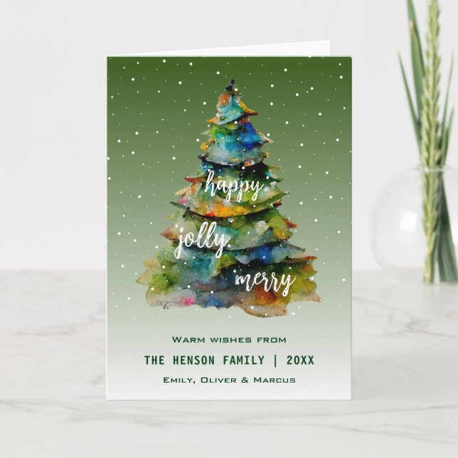 Christmas Tree Watercolor Merry Jolly Happy Holiday Card (Front)
