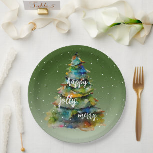 Christmas Tree Watercolor Merry Jolly Happy Paper Plate