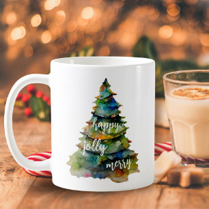 Christmas Tree Watercolor Merry Jolly Happy Script Coffee Mug