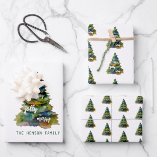 Christmas Tree Watercolor Merry Jolly Happy  Wrapping Paper Sheet