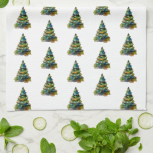 Christmas Tree Watercolor Pattern Holiday Tea Towel