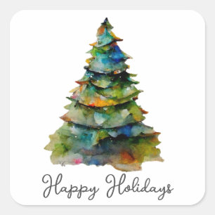 Christmas Tree Watercolor Pine Happy Holiday Square Sticker