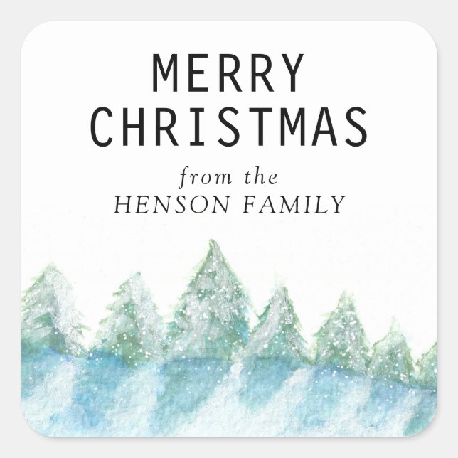 Christmas Tree Watercolor Snowy Forest Artistic  Square Sticker (Front)