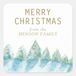 Christmas Tree Watercolor Snowy Forest Artistic Square Sticker
