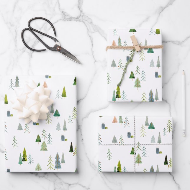 Christmas Tree Watercolor  Wrapping Paper Sheet (Front)