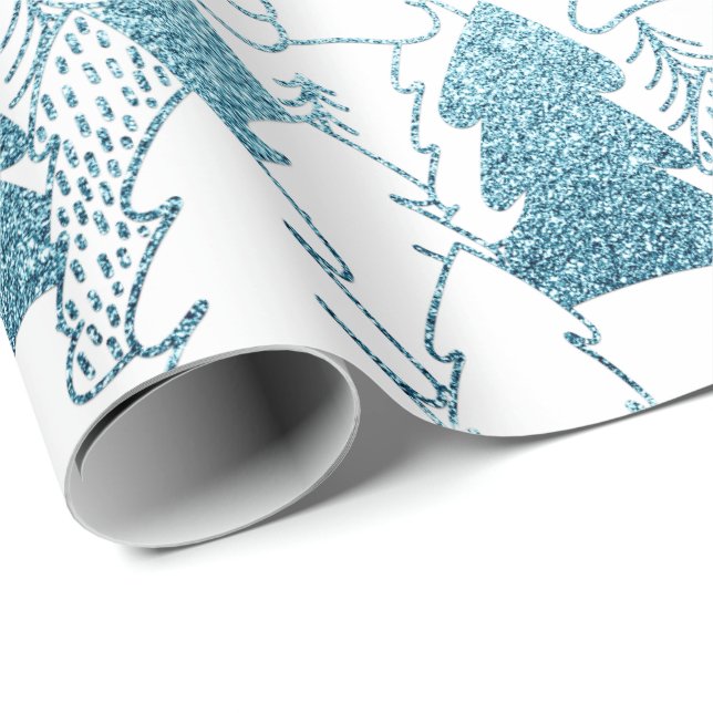 Christmas Tree White Fancy Glitter Ice Blue Snow Wrapping Paper (Roll Corner)