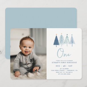 Christmas Tree Winter Boy 1st Birthday Photo Invitation