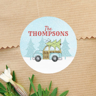 Christmas Tree Winter Scene Vintage Car Cute  Classic Round Sticker