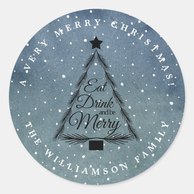 Christmas Tree Winter Snowfall Blue Envelope Seal (Front)