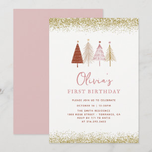 Christmas Tree Winter Wonderland Girl 1st Birthday Invitation