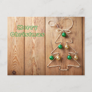 Christmas Tree With Balls On Wooden Background Holiday Postcard