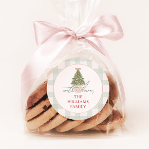 Christmas Tree With Bow Green Plaid Gift Sticker