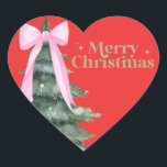 Christmas Tree with Bow Heart Sticker<br><div class="desc">Christmas holiday party stickers with Christmas tree and pink bow. Merry Christmas!</div>