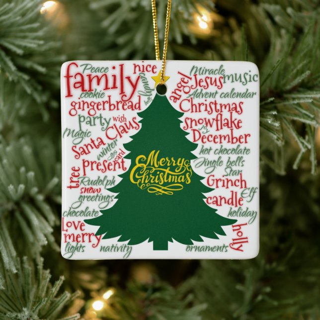 Christmas tree with Christmas words  Ceramic Ornament (Tree)