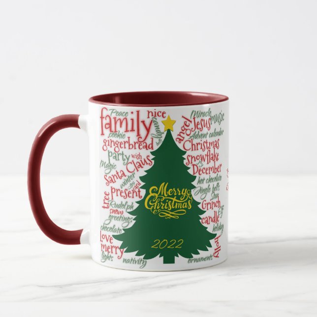 Christmas tree with Christmas words & snowflakes Mug (Left)