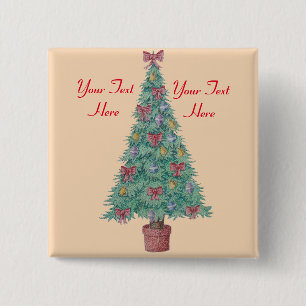Christmas tree with decorations red bows bells art 15 cm square badge